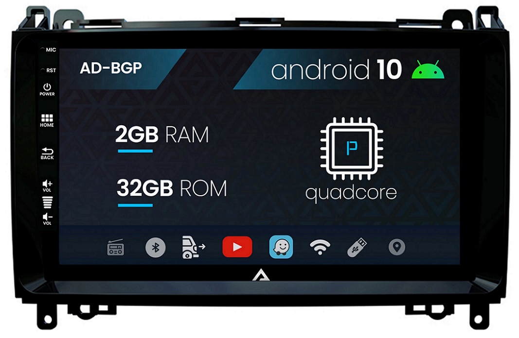 Navigatie Mercedes Benz Sprinter, Viano, Vito, A/B Class, Crafter, Android 10, P-Quadcore / 2GB RAM + 32GB ROM, 9 Inch